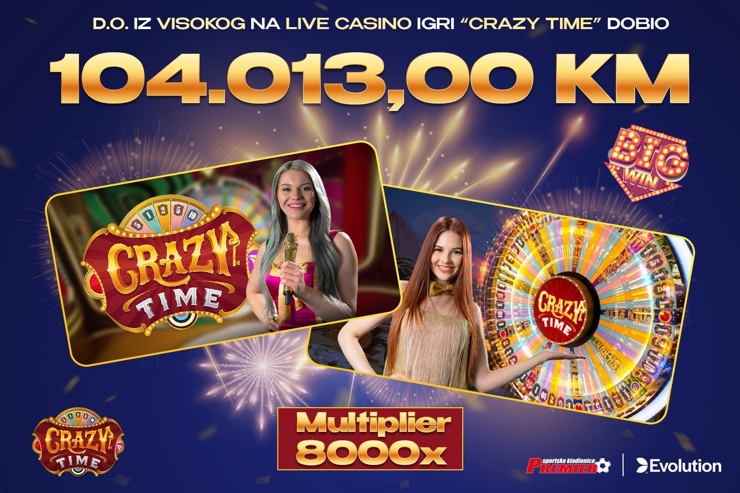 Igrač iz Visokog s 13 KM uloga osvojio 104.000 KM na live casinu Premier kladionice!